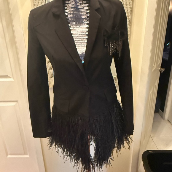 TOV Holy Jackets & Blazers - Black blazer with ostrich feathers